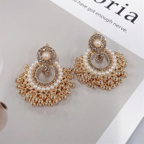 Vintage Round CZ Pearl Beaded Tassel Statement Dangle Drop Earrings for Women Gold Plated Boho Crstyal Beaded Chandelier Dangling Stud Indian Jhumka Festival Jewelry for Her2