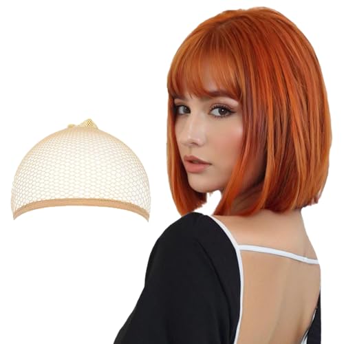 Ginger Wig with Fringe for Women Girls Short Bob Wig Synthetic Straight Colorful Hair for Cosplay Party Festival Fancy Dress (With Hairnet)