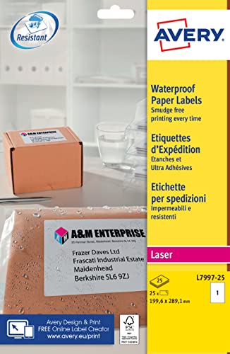Avery Printable, Customisable Weatherproof/Waterproof, Parcel Mailing Labels, Laser Printers, L7997-25, White, 1 Per A4 Sheet - Image 2