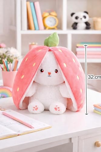 Image of 35cm Reversible Rabbit Strawberry Bunny Plush 3-in-1 Soft Toy with Zipper Stuffed Animal for Kids Girls Boys. Birthday Gift Room Decor Cuddly Teddy Bear Doll