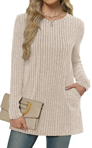 XIEERDUO Long Sleeve Shirts for Women Crewneck Tunic Tops Loose Fit Dressy Womens Sweaters with Pockets Fall Fashion 20252
