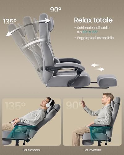 Sedia Gaming, Sedia Ufficio Scrivania, Ergonomico, con Poggiapiedi, Poggiatesta Regolabile, Cuscino Lombare, Portata 150 kg, Grigio Ardesia e Grigio Tortora OBG077G02 - Sedia gaming - Immagine 6