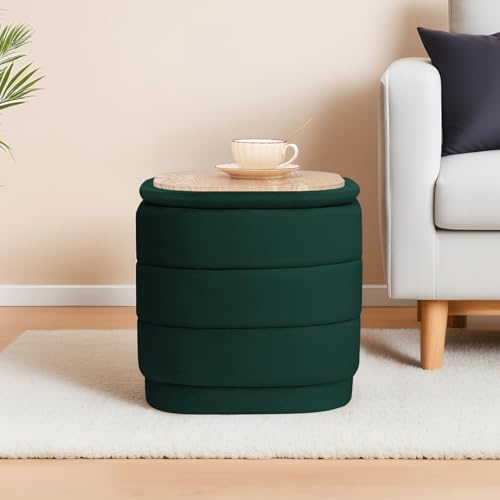 Image of 15 inch Velvet Storage Ottoman with Tray, Foldable Square Ottoman Footrest with Reversible Wood Lid, Collapsible Storage Footstool for Bedroom, Living Room, Dorm, Bottle Green