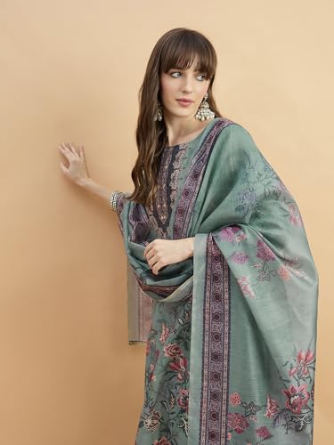 Image of SheWill Kurta Sets for Women - Red Rayon Aari Hand Work with Digital Floral Print Kurta with Pant and Chanderi Dupatta |Stylish Printed Summer Kurti Set