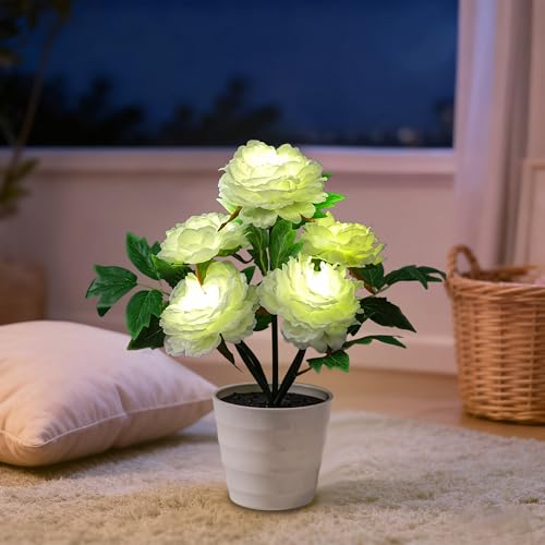 Image of White Peony Artificial Flower Lamp, Night Light for Bedroom Wedding Bar Coffee Shop Decor, Christmas Valentines Mothers Day Anniversary Birthday Gifts for Women Mom Grandma Wife Friend