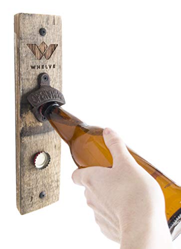WHELVE - Wall Mounted Bottle Opener with Magnetic Bottle Cap Catcher – Functional Rustic Home Décor – Upcycled Wood Beer Opener Plaque - Cast Iron Opener