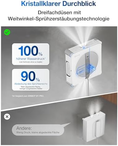 Bild 3 - ECOVACS WINBOT W2S Fensterputzroboter, intelligente Bis-an-den-Rand-Reinigung TruEdge™ Schrubber, 3 Wasserdüsen, 10-stufiges Schutzsystem, Win-SLAM 4.0 Routenplanung, gleichmäßiges Klettersystem