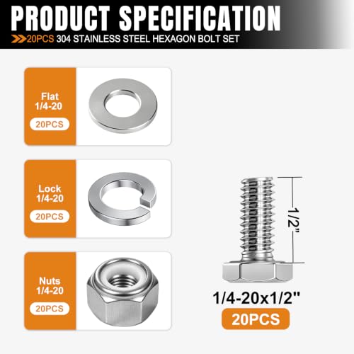 Image of mankk 20PCS 1 /4-20 x 1 /2 inch Hex Bolt & Nut Kit,18-8 (304) Stainless Steel