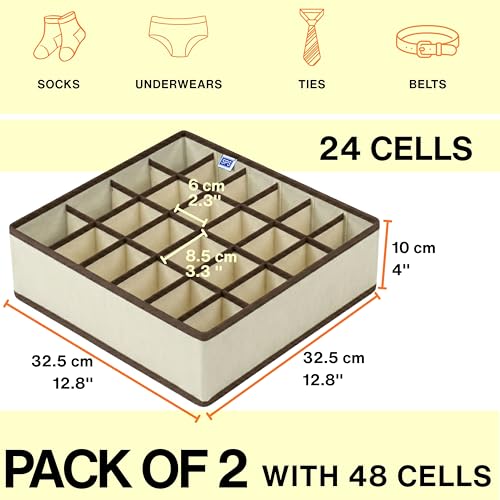 Image of Skrill 24-Compartment - Set of 2 | Non-Woven Foldable Cloth Storage Box Set Underwear, Socks, Ties, Scarves, Bras, Drawer Organization | Space Saving Divider Organizer Closet Storage | Beige