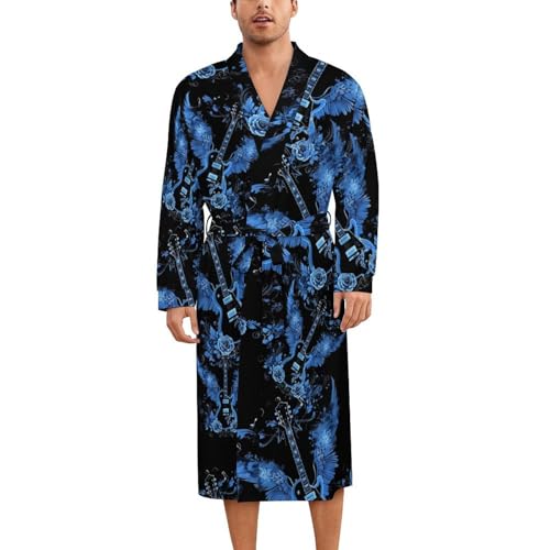 Electric Guitar with Wings Roses Soft Robe Long Sleeve Bathrobes V Neck Sleepwear Spa Robes with Belt Men Woman