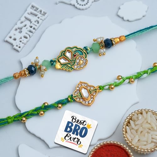 Image of eCraftIndia Peacock Floral Designer Rakhi Set of 2 | Rakhi for Brother Bhaiya Bhai with Best Bro Ever Fridge Magnet | Roli Chawal Pack
