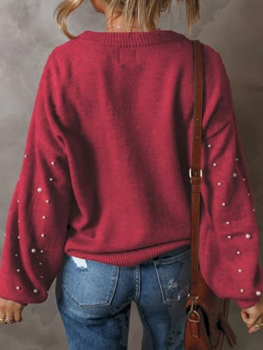 Image of Pearl Sweater for Women Lantern Sleeve Drop Shoulder Crewneck Sweatshirt Knit Chunky Pullover Sweaters with Pearls