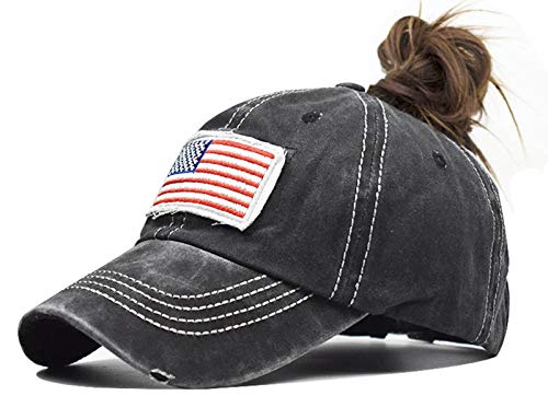 INOGIH Women American Flag Ponytail Hat Embroidery Washed-Cotton Messy Bun Baseball-Cap Adjustable Black