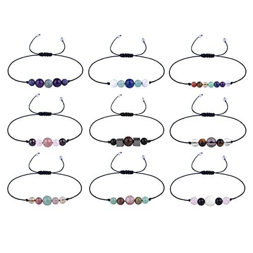 9Pcs Multistyle Healing Crystal Stone Bead Strand Card Bracelets Handmade Adjustable Wax Rope Yoga Amethyst Tigereye Chakra Bracelets For Women Men Meditation Relax Anxiety Jewelry Gift (All) #TOP4