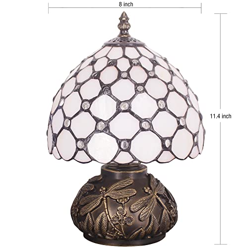 Rhlamps Small Tiffany Lamp W8H11 Inch White Bead Stained Glass Style Table Lamp Bronze Mushroom Resin Base Mini Accent Lamp Decor Bedroom #TOP1