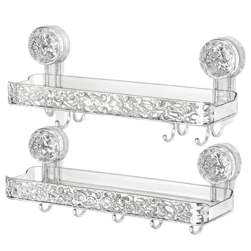 Image of Wall Mounted Bathroom Storage Rack with Suction Cups - Double Shelf with Hooks - Transparent & Patterned Front Design (2)