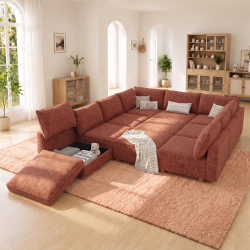 Image of 128 inch Chenille Modular Sofa Bed with Washable Covers & Storage, 10-Seater Modular Sectional Sleeper Sofa Bed with Movable Ottoman Chaise, Convertible Sleeper Sectional Couches for Living Room, Orange