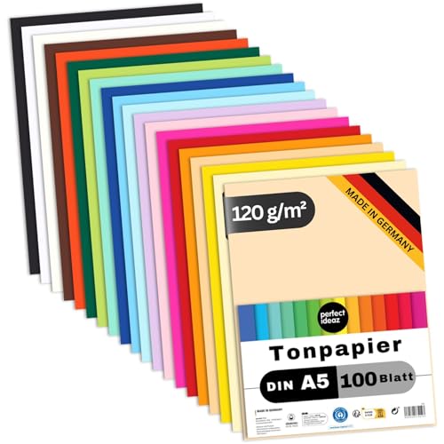 perfect ideaz - 100 Blatt Tonpapier DIN-A5, 20 Farben, 120 g/m², made in Germany, Blauer Engel zertifiziert