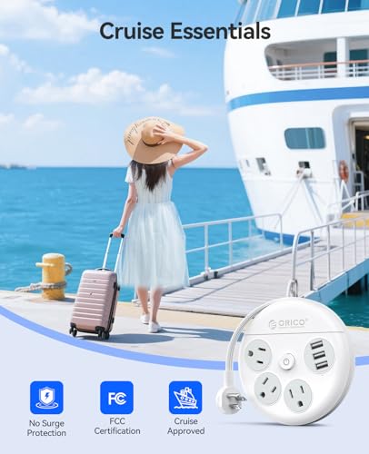 Image of ORICO Travel Power Strip, 4Ft Flat Extension Cord with 3 AC Outlets and 3 USB-A Charging Ports, 45 Flat Plug, Non-Surge Protector Essential for Cruise /Home /Office, White-OR