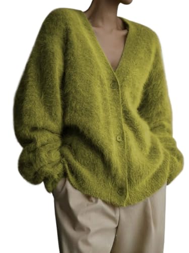 Image of Womens Fuzzy Sweaters Cardigan V-Neck Button Down Oversized Mohair Sweater Casual Y2k 2026 Fall Winter