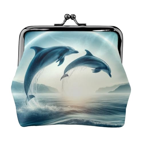 Pu Leather Buckle Coin Purse Dolphins-Leaping-Ocean Girls Kiss-Lock Change Purse Wallets