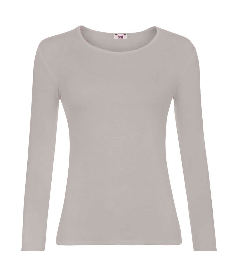 KATSSI Women’s Ladies Long Sleeve Stretch Plain Round Scoop Neck T Shirt Top XXXL Beige