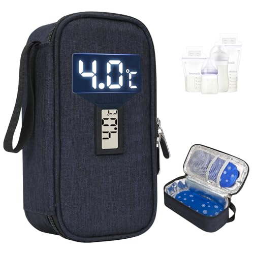 YOUSHARES Nevera Leche Materna Portatil con Indicador de Temperatura, Bolsas Leche Materna Congelar con 2 Paquetes de Hielo, Capacidad para 4 a 6 Bolsas Leche Materna para Viajes (Azul Marino)