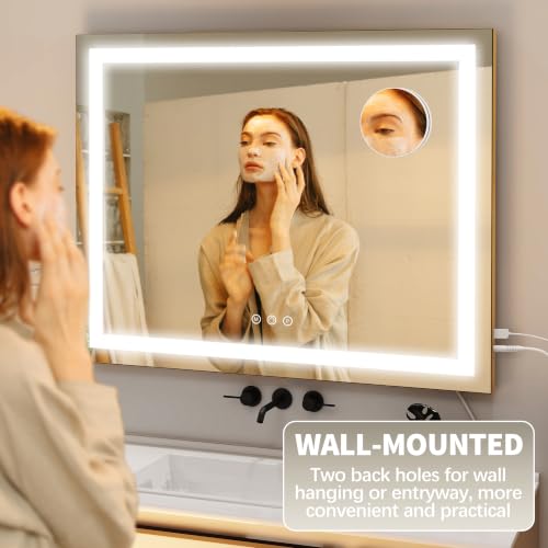 Image of FENNIO 23 inch x 18 inch Vanity Mirror with Lights,LED Makeup Mirror,Hollywood Mirror with 3 Color Modes & Adjustable Brightness,Vanity Mirror Square Gold