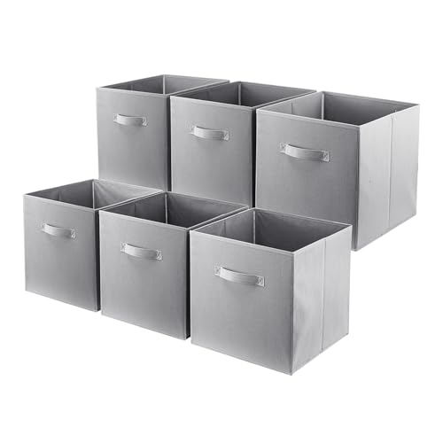 LN COZY CORNER Set of 6 Foldable Cube Storage Boxes Fabric Organizer Bins with Handles for Home Office Kids Room Closet and Shelves (Grey, 27x27x28cm)