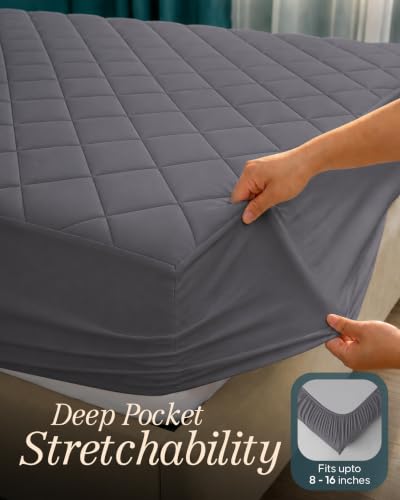 Image of Quilted Fitted Mattress Pad, Twin Mattress Protector Topper with Deep Pocket Stretches up to 16 Inches, Machine Washable Mattress Cover by Utopia Bedding (Grey)