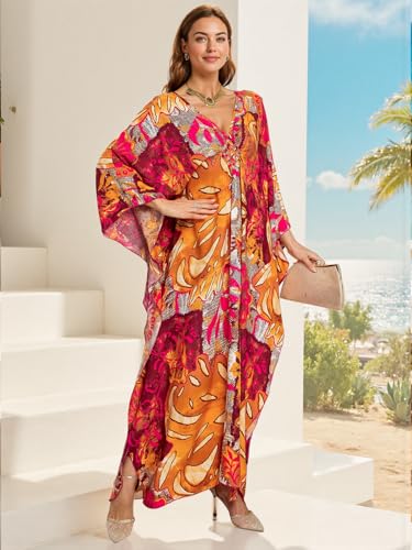 Image of IMAGEKOPE Women's Plus Size Animal Print V-Neck Batwing Kaftan Beach Dress Bathing Suit Cover-Up Loungewear
