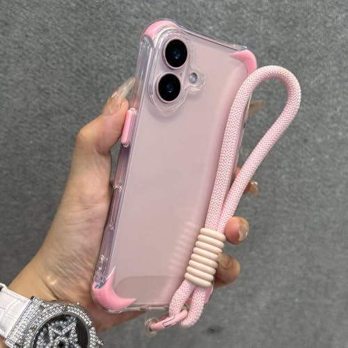 Coque antichoc transparente avec cordon rose pour iPhone 13 Pro Max