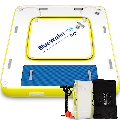Patented 3-in-1 Inflatable Water Deck, Portable Swim Platform with Removable Floating Island Raft, Mesh Lounge Dock, Blue, Yellow, & White, ‎8 Feet by 8 Feet, by Blue Water Toys