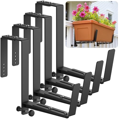 VOXOR Window Box Brackets Adjustable Planter Box Brackets Heavy Duty Iron Flower Box Brackets for Railings with Enhanced Bottom Support - Perfect for Balconies Fences and Gardens (Black 4 Pack)
