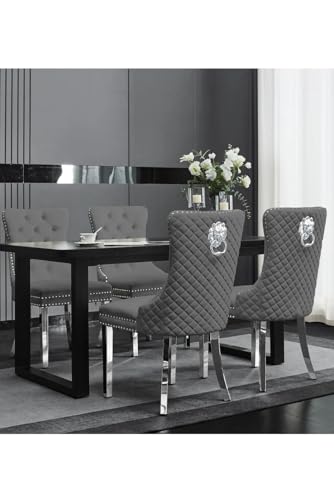 Set of 2 Velvet Dining Chairs with Lion Head Knocker – Quilted Upholstered Chairs with Chrome Legs, Silver Stud Detailing, Padded Comfortable Seating for Dining Room, Office, Accent Chair (Grey)