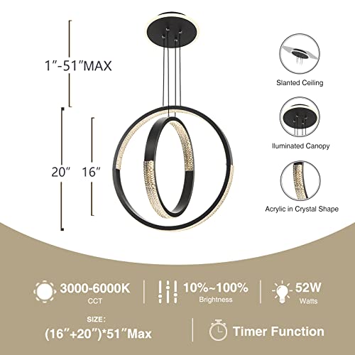 Ikk Modern Led Chandelier, Dimmable With Remote Control, Acrylic In Crystal Shape Light Fixture, 2 Rings Pendant Lighting For Dining Living Room Bedroom Kitchen, Foyer, Dark Grey (D=19.7") #TOP5