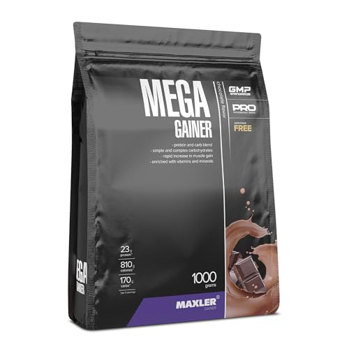 Maxler Mega Gainer - Weight Gainer zum Muskelaufbau - Schokolade - 1000g - Kombination von Eiweiß, Kohnelhydraten, Vitaminen & Mineralien - 10%-Anteil von Molkenprotein - kalorienreicher Shake