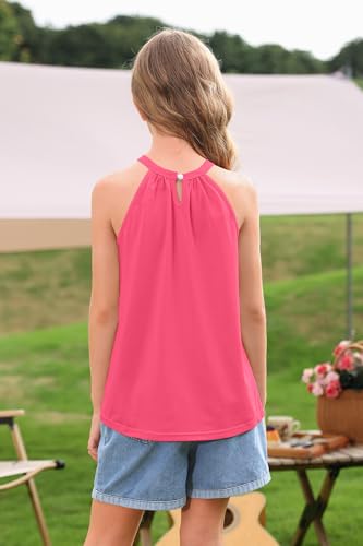 Image of BesserBay Girls Summer Back Button Halter Neck Tank Top Cold Shoulder Casual Blouse Pleated Sleeveless Shirts 5-14 Years
