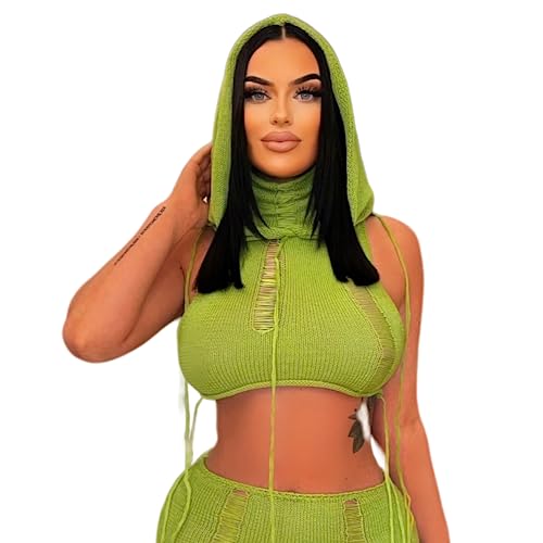 Image of Women Knitted Hoodie Sweater Vest Sexy Sleeveless Hollow Out Hooded Crop Top Streetwear Rave Oufit