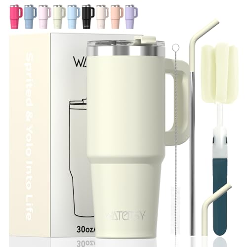 Image of 30 oz Tumbler with Handle,Tumbler with Lid and Straw,Double Wall Insulated Cup Stainless Steel Travel Mug(Cold for 34 Hours),Water Bottle for Iced Tea,Coffee,Cold Beverages(Cream White)