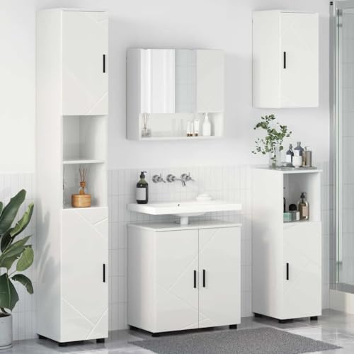 SooIarix Badezimmermöbel-Set 5-teilig Hochglanz Weiß, Holzwerkstoff & Metall, Modernes Design, Wandmontage, für Waschbeckenunterschrank & Stauraum, Inklusive Spiegel