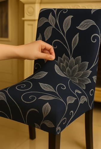 Image of Homerz Premium 6 Seater Dining Table Cloth with 6 Dining Chair Covers,Elastic Fitted Chair Slipcovers, Printed Polycotton Fabric, Table Cloth Size 60x90 inch (Lotus)