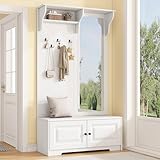 Yihomfy 100 x 40 x 180cm Garderoben mit Spiegel,5 Kleiderhaken,2 Schränken und Regal, Flur Garderobenständer Kleiderständer mit Schuhschrank, Flurgarderoben, Kompaktgarderobe, Weiß