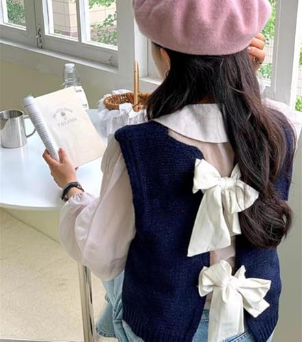 Image of Women's Back Tie Bow Knit Sweater Vest Casual Tops Y2K Sleeveless Crew Neck Knit Vest