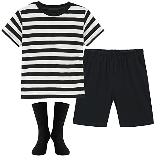 HMPRT Halloween Costumes for Boys- Black and White Striped Shirt, Black Short and Tube Socks,6