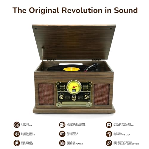 Image of FEKTIK Bluetooth Record Player 10 in 1,FEKTIK 3-Speed Turntable for Vinyl with Speakers, LP to MP3 Converter, CD, Cassette Player, FM Radio, Wireless Streaming | Wooden