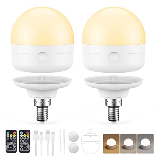 E12 Rechargeable Light Bulbs with Remote 10W 900lm 3-in-1 Battery Operated Emergency Lighting 3500mAh 60W Equivalent Bulbs with Magnetic Base & Hook for Home Camping Hurricane&Power Outage 2 Pack