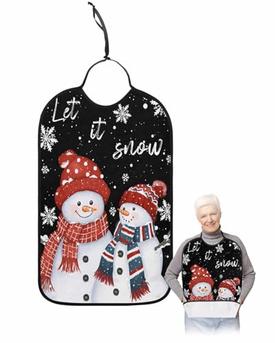 Christmas Adult Bibs for Eating, Merry Christmas Snowman Snowflakes Black Washable Elderly Adult Bibs for Men Women Large Reusable Adjustable Clothing Protector with Optional Crumb Catcher