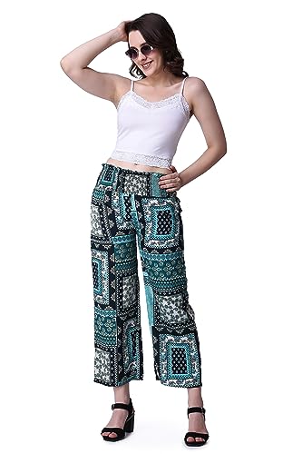 Image of POPWINGS Casual Boho Printed Side Wide Leg Trousers for Women || Summer Wear Comfortable Pull-On Women Trousers || Western Loose-Fit Trousers || Stylish Women Casual Trousers