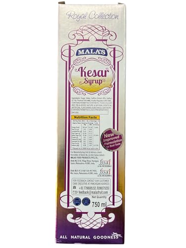Image of Mala's Kesar Syrup, 750 Millilitre, Liquid, Vegetarian (Pack of 3)
